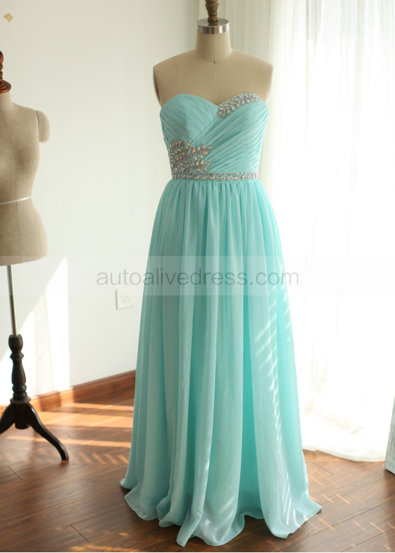 Blue Strapless Ruching Chiffon Beaded Long Prom Dress